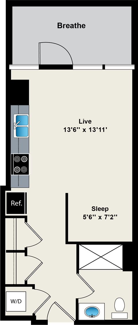 Floor plan for studio, 1 bath, 440 sqft